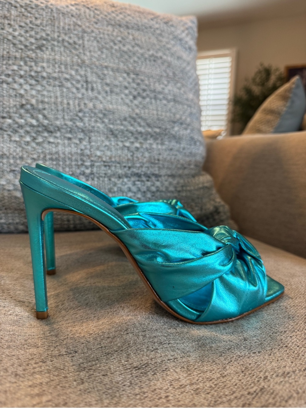 SCHUTZ Metallic Teal Knot-Front Mule Heels - Picture 4 of 4